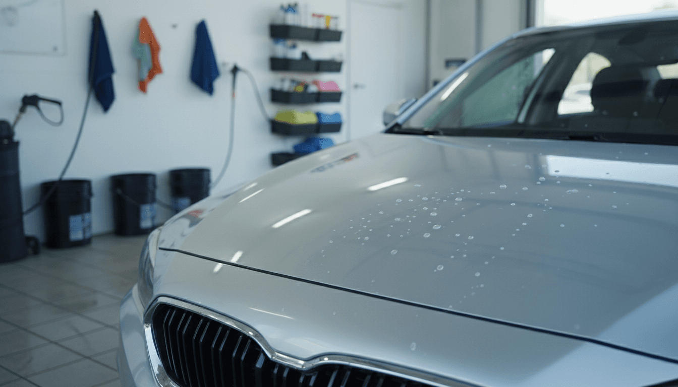 Clean silver sedan with glossy paint after a wash at Tomic Car Wash