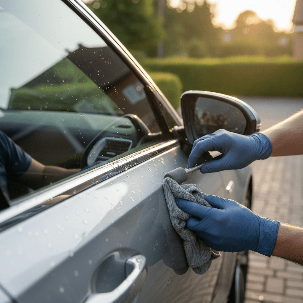 Detailer polishing a car door to a mirror shine
