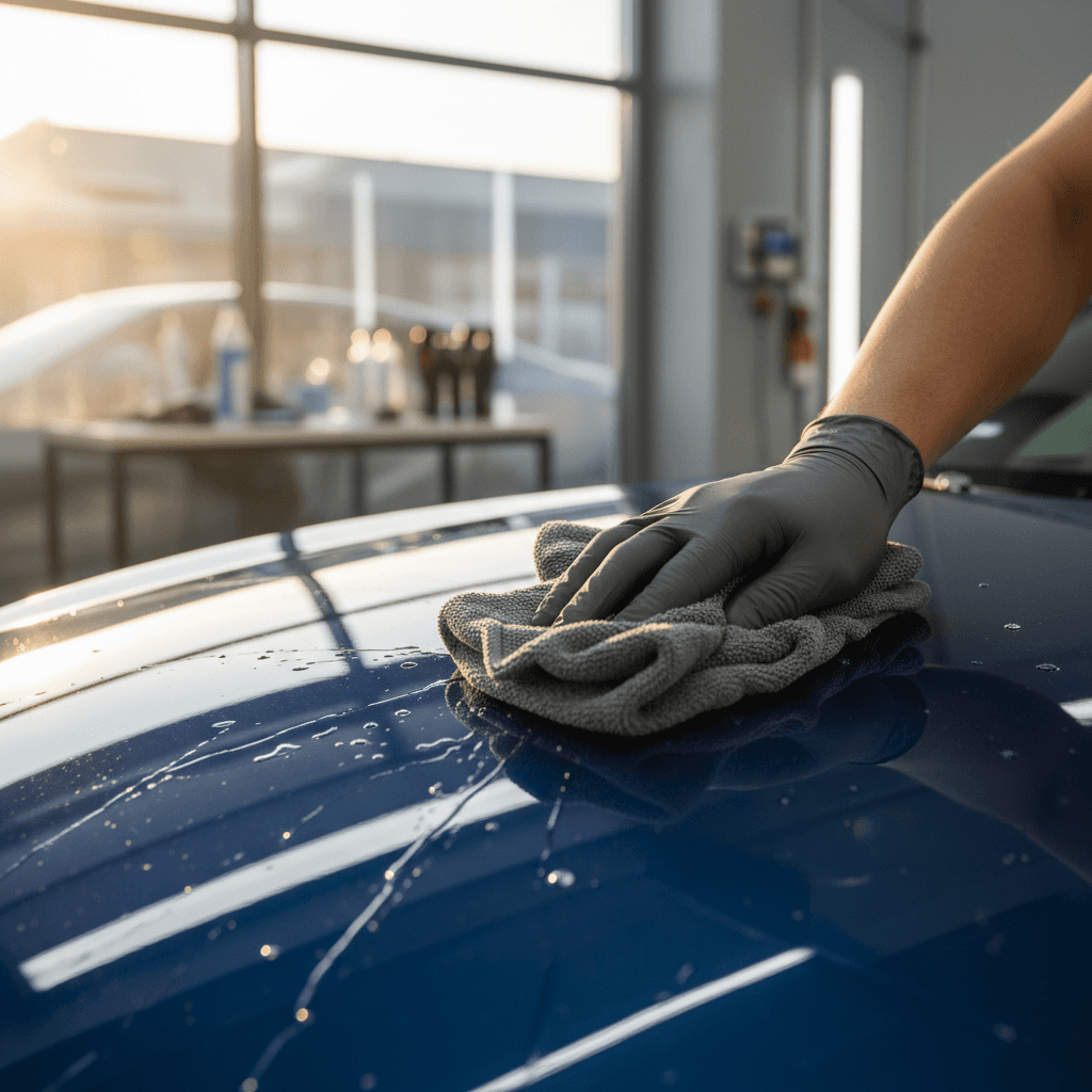 Detailer cleaning a vehicle door panel with a microfiber cloth at Tomic Car Wash
